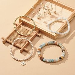 4 個 4 スタイル天然 & 合成混合宝石ストレッチ ブレスレット セット  女性のための黄金の合金のナザールボンジュウのチャームの積み重ね可能なブレスレット  内径：2~2-3/8インチ（5.15~5.9cm）  1個/スタイル&nbsp;BJEW-JB09003