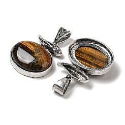 天然石タイガーアイペンダント  アンティークシルバーメッキ合金楕円チャーム  47x42x13mm  穴：16x7mm&nbsp;G-Z050-07A