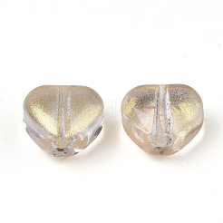 透明なスプレー塗装ガラスビーズ  グリッターパウダー付き  ハート  淡いチソウ  6x6x4mm  穴：0.9mm&nbsp;GLAA-N035-02-D01