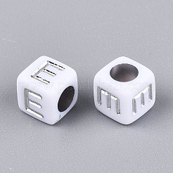 アクリルビーズ  水平穴  メタリックメッキ  キューブ  ホワイト  文字e  6x6x6mm  穴：3.5mm  2600個/ 500g&nbsp;OACR-ZX006-36E
