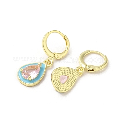 ティアドロップ リアル 18K ゴールド メッキ ブラス ダングル レバーバック イヤリング  エナメルとガラスで  ピンク  29x10mm&nbsp;EJEW-L268-026G-02