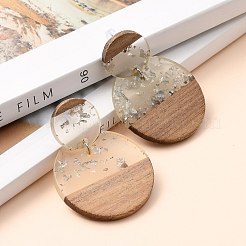 透明樹脂＆ウォールナットウッドダングルスタッドピアス  銀箔で  スチールピンとプラスチックイヤーナット  フラットラウンド  銀  49.5mm  ピン：0.7mm&nbsp;EJEW-JE04281-02