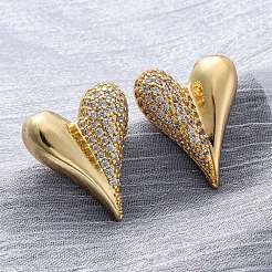 Heart Brass Micro Pave Clear Cubic Zirconia Stud Earrings&nbsp;EJEW-R025-10G