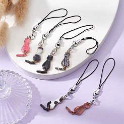 猫合金エナメル携帯ストラップ  ナイロンコードモバイルアクセサリー装飾  10.4cm  6個/セット&nbsp;HJEW-JM01078
