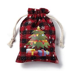 クリスマステーマの長方形ジュートバッグ、ジュートコード付き  タータンチェック巾着ポーチ  ギフト包装用  レッド  ツリー  13.8~14x9.7~10.3x0.07~0.4cm&nbsp;LS-ABAG-E006-01A