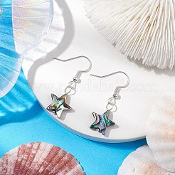 天然アワビ貝/パウア貝のダングルイヤリング  鉄のピアスフックで見つける  銀  スター  34x13mm&nbsp;EJEW-JE05916-01