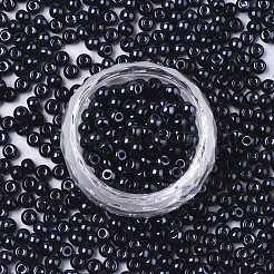 不透明なガラスビーズ  不透明色の光沢  ラウンド  ブラック  4x3mm  穴：1mm  約4500個/袋&nbsp;SEED-S040-07A-01
