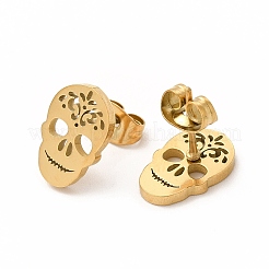 ハロウィーンの頭蓋骨と花 304 ステンレススチール製スタッドピアス（女性用）  ゴールドカラー  12x8mm  ピン：0.7mm&nbsp;EJEW-B019-05G