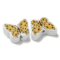 プリントウッドビーズ  蝶/ミツバチ  ゴールド  16x19x6.5mm  穴：2mm&nbsp;WOOD-G022-28D-08