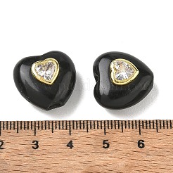 天然なオブシディアンのビーズ  ハート  真鍮製のマイクロパヴェと透明キュービックジルコニアの金具を使用  ゴールドカラー  18x18.5x10.5mm  穴：2.5mm&nbsp;GG-CBA67BD-03G-I
