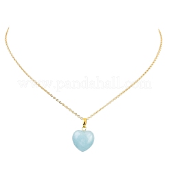 天然アクアマリンハートペンダント 304ステンレススチールアズキチェーンネックレス（女性用）  ゴールドカラー  15.75インチ（40cm）&nbsp;NJEW-JN05457-01