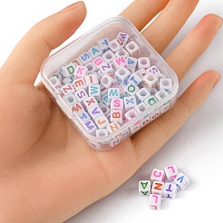 100PCSアクリルビーズ  水平穴  混合色の文字と立方体  ホワイト  6x6x6mm  穴：3mm  約2600個/500g&nbsp;MACR-YW0002-30