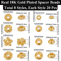 160個8スタイル真鍮スペーサービーズ  18KGP本金メッキ  混合図形  3.5~6x1.2~4mm  穴：1.2~1.6mm  20個/スタイル&nbsp;KK-BBC0018-24