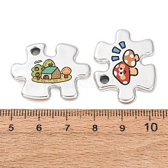 不透明なプリントアクリルパーツ  パズル型で、家とキノコの模様のチャーム付き  ミックスカラー  23x30x3.5mm  穴：3mm&nbsp;AC-CBAAE11-01