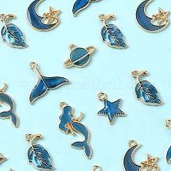 30個6スタイルアロイエナメルペンダント  混合図形  ライトゴールド  ブルー  12~29x10~20x2~3mm  穴：1.4~1.8mm  5個/スタイル&nbsp;ENAM-YW0005-55