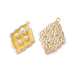 エナメルチャーム  真鍮パーツとアクリルパール  18KGP本金メッキ  菱形  きいろ  19.5x12.3x4mm  穴：1mm&nbsp;KK-G377-04A-04