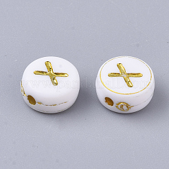 メッキアクリルビーズ  ゴールドライン入り  水平穴  アルファベット付きのフラットラウンド  ホワイト  文字.x  7x3.5mm  穴：1.2mm  約360個/50g&nbsp;X-PACR-R242-01X