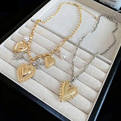 Alloy Rhinestone & Iron Heart Pendant Double Layer Necklaces for Women&nbsp;WG7EE33-01