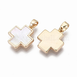 真鍮製チャーム  淡水シェル  ニッケルフリー  18KGP本金メッキ  クロス  貝殻色  15x13x2.5mm  穴：2x4mm&nbsp;X-KK-R134-034-NF
