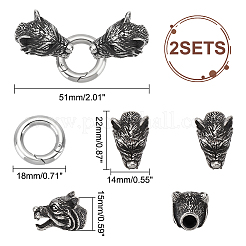 316サージカルステンレススチール製スプリングゲートリング2セット  Oリング  コー​​ドが終了すると  レザーコードブレスレット作り用  オオカミ  アンティークシルバー  51mm  リング：3x18mm  狼ヘッド：22x14x15mm&nbsp;STAS-UN0041-76