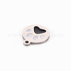 304ステンレススチールエナメルチャーム  ステンレス鋼色  犬の足跡  ブラック  14x12x1mm  穴：1.5mm&nbsp;STAS-Q242-039C