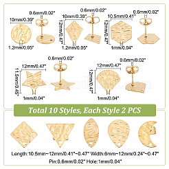20個 10スタイル 304ステンレススチールスタッドピアス金具  穴とイヤーナット付き  菱形 & 六角形 & 星 & 三角形 & ティアドロップ & 月形  ゴールドカラー  10~12x6~12mm  穴：0.9~1.2mm  ピン：0.6mm  2個/スタイル&nbsp;STAS-UN0040-40