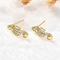 Sea Horse Brass Micro Pave Cubic Zirconia Ear Studs&nbsp;EJEW-D304-38G