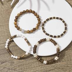 4Pcs 4 Style Dyed Natural Lava Rock Round & Coconut Disc Beaded Stretch Bracelets Set&nbsp;BJEW-JB09809