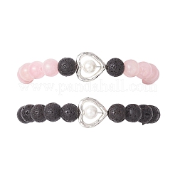 2Pcs Natural Round Pink Mashan Jade & Lava Rock Beads Stretch Bracelets&nbsp;BJEW-JB12879