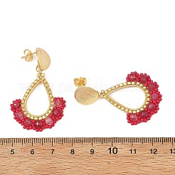 201ステンレススチールスタッドピアス  ティアドロップ  ガラスビーズは、女性のためのピアスをぶら下げる  レッド  45x28.5mm&nbsp;EJEW-MZ00809-02