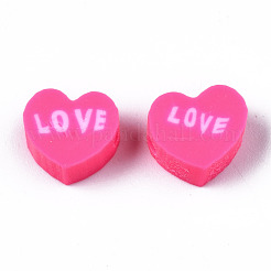 手作り樹脂粘土ビーズ  単語「love」付けのハート  ショッキングピンク  8~8.5x9~9.5x4.5mm  穴：1.8mm&nbsp;X-CLAY-N008-032E