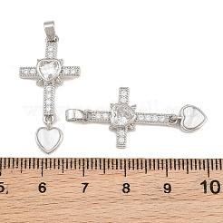 真鍮マイクロパヴェクリアキュービックジルコニアペンダント  アクリルと  ハートチャーム付きクロス  プラチナ  31x15x3mm  穴：5x3mm&nbsp;CU-CBAA571-14P