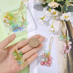 ガラス＆アクリル携帯ストラップ 6色 6個  プラスチックモバイル防塵プラグ付き  花  ゴールドカラー  ミックスカラー  107mm  1個/スタイル&nbsp;HJEW-SC0002-90