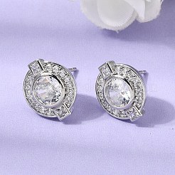 真鍮製マイクロパヴェキュービックジルコニアスタッドピアス  ラウンド  ラックめっき  長持ちメッキ  カドミウムフリー＆鉛フリー  プラチナ  透明  13x11.5mm&nbsp;EJEW-G471-05P-01