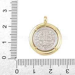 真鍮チャーム  フラットラウンド、聖ベネディクトのチャーム付き  プラチナ·ゴールデン  24.5x20x5.5mm  穴：3.5mm&nbsp;KK-C159-03GP