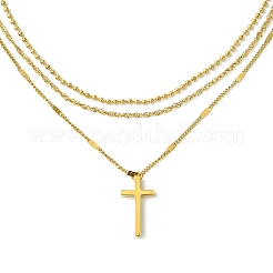女性用クロス 304 ステンレス ペンダント ネックレス  3層チェーンネックレス  ゴールドカラー  15.98インチ（40.6cm）&nbsp;NJEW-G157-07G