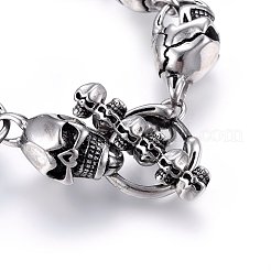 レトロ 304 ステンレススチール リンク ブレスレット  トグル留め金付き  スカル  アンティークシルバー  8-5/8インチ（22cm）  13.5~34x15mm&nbsp;BJEW-L631-10AS