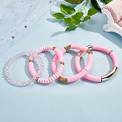 4 個 4 スタイル アクリル分厚いカーブチューブ ストレッチ ブレスレット セット  ポリマークレイとガラスビーズの積み重ね可能な女性用ブレスレット  ピンク  内径：2-1/8インチ（5.3cm）  1個/スタイル&nbsp;BJEW-SW00074-04