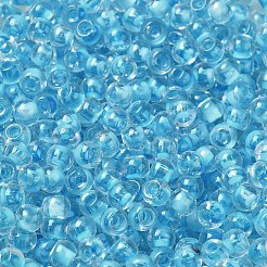 透明なガラスの丸いシードビーズ  色の内側  ラウンド  ディープスカイブルー  6/0  4x3mm  穴：1.2mm  約161個/10g&nbsp;X1-SEED-B001-05A-19