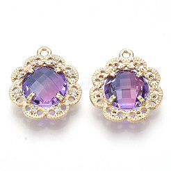 真鍮チャーム  ファセットガラスとクリアラインストーン  花  ゴールドカラー  蘭  18x16.5x6mm  穴：1.2mm&nbsp;X-GLAA-R212-02G