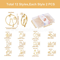 24個 12スタイル 亜鉛合金 子猫 オープンバック ベゼル ペンダント  UVレジンDIY用  エポキシ樹脂  プレスジュエリー  猫  ゴールドカラー  25~47x19~42x2~2.5mm  穴：2~3mm  2個/スタイル&nbsp;FIND-CW0001-05