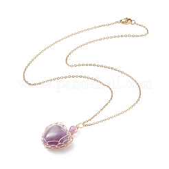 銅線で包まれた天然アメジスト ハート ペンダント ネックレス  女性用金メッキ 304 ステンレス ネックレス  17.52インチ（44.5cm）  1.5mm&nbsp;NJEW-JN03971-02