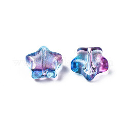 透明なスプレー塗装ガラスビーズ  グリッターパウダー付き  ツートン  スター  ディープスカイブルー  8x8x4mm  穴：1mm&nbsp;GLAA-R211-04-H01