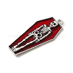 ハロウィンアロイエナメルペンダント  スケルトンチャーム付き棺  アンティークシルバー  ファイヤーブリック  39.5x17x3mm  穴：1.8mm&nbsp;LS-FIND-Z090-01AS-01