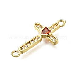 Brass Orange Red Cubic Zirconia Cross Connector Charms&nbsp;ZIRC-I070-018G