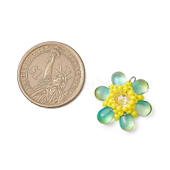 ビーズの花のチャーム  ラインストーンとガラスのシードビーズペンダント  丸カン付き  ダークシーグリーン  21.5x23x8mm  穴：3mm&nbsp;PALLOY-MZ00438-03