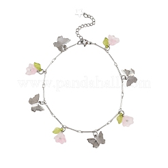 201 Stainless Steel Butterfly & Spray Painted Glass Flower Charm Brass Bar Link Chain Anklets&nbsp;AJEW-AN00736-01
