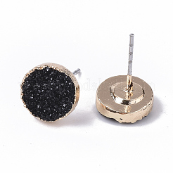 電気メッキドゥルージー樹脂スタッドピアス  鉄製のピンと薄い金メッキの鉄のパーツ  フラットラウンド  ブラック  10mm  ピン：0.6mm&nbsp;RESI-S383-029A