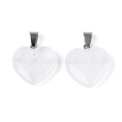 ハートの天然水晶のペンダント  プラチナトーンの真鍮パーツ  20~22x20~21x5~8mm  穴：2x7mm&nbsp;G-Q438-15