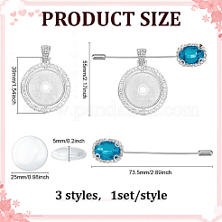 304ステンレススチール製ラペルピン3個  フラットラウンド  合金ペンダントとガラスカボション付き  プラチナ  55mm&nbsp;JEWB-PH01280